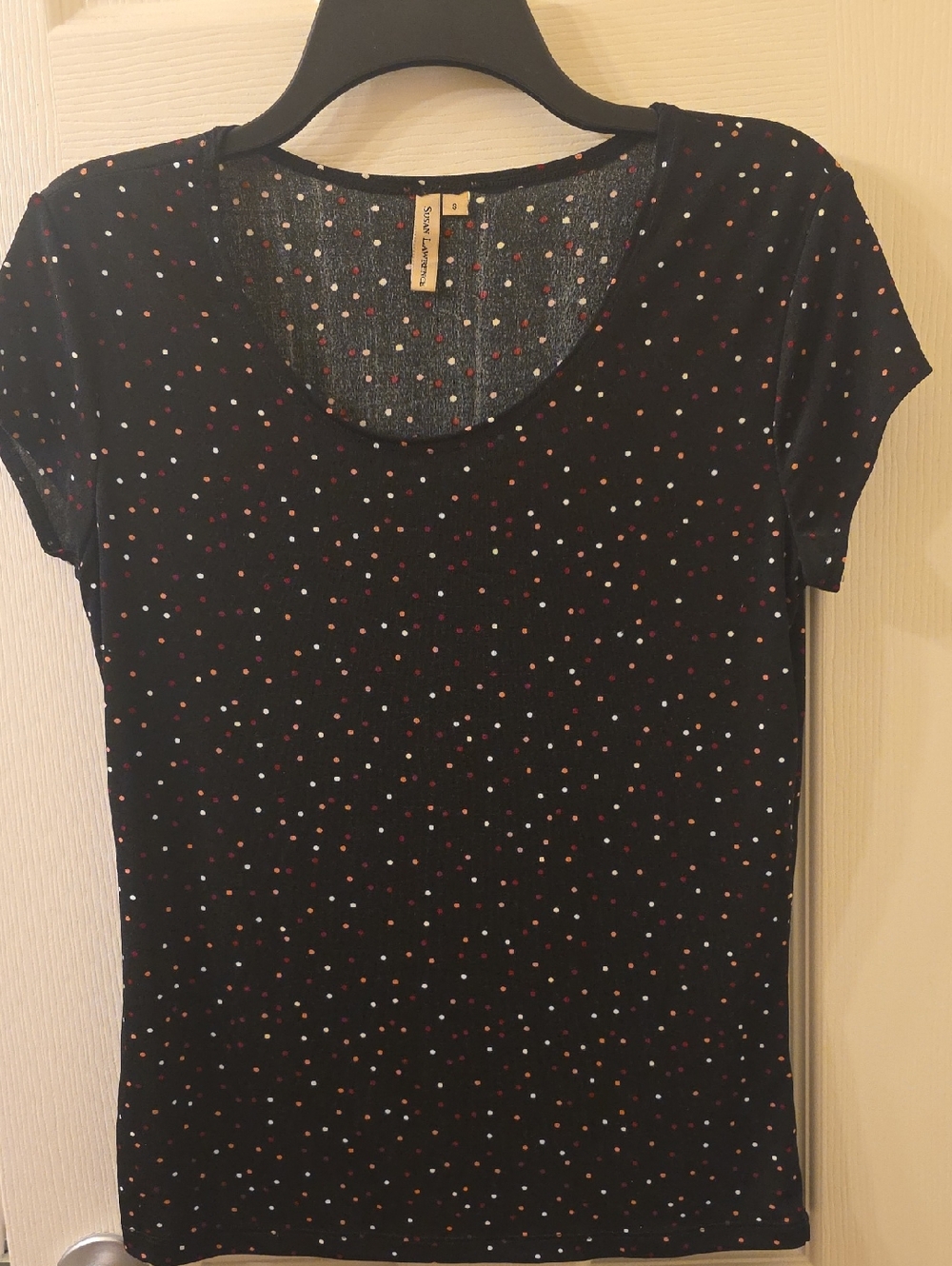 Susan Lawrence Black Short Sleeve Scoop Neck Blouse With Polka Dots Size S